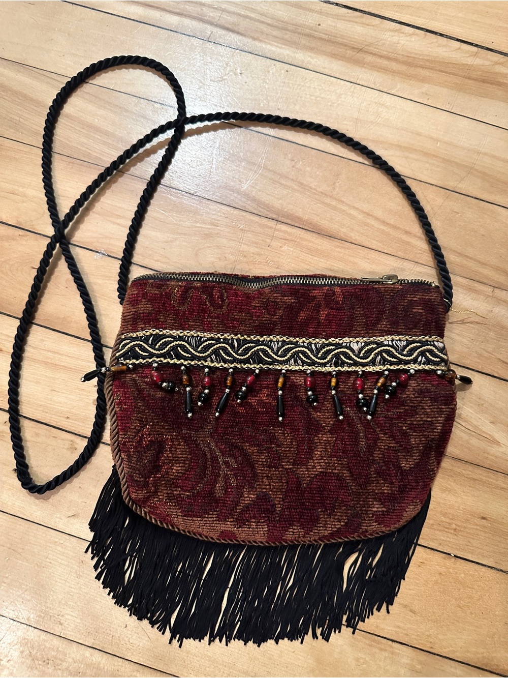 Boho Fringe Crossbody Bag in Deep Red with Bead Detail
